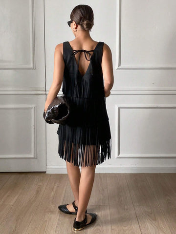 DAZY Women's Solid Color Suede Fringe V-Neck Sleeveless Mini Dress