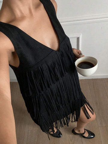 DAZY Women's Solid Color Suede Fringe V-Neck Sleeveless Mini Dress