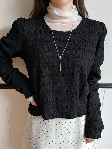 DAZY Women's Solid Color Textured Long Sleeve Round Neck Puff Sleeve Blouse