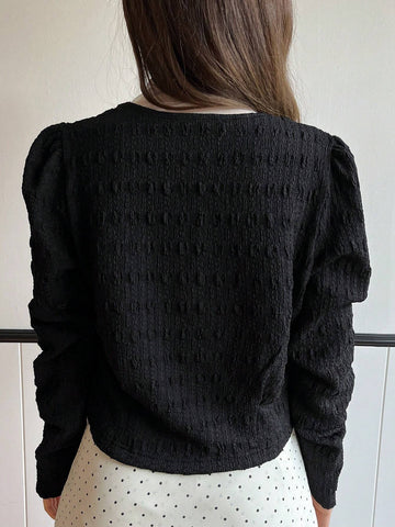 DAZY Women's Solid Color Textured Long Sleeve Round Neck Puff Sleeve Blouse