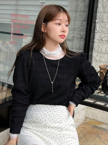 DAZY Women's Solid Color Textured Long Sleeve Round Neck Puff Sleeve Blouse