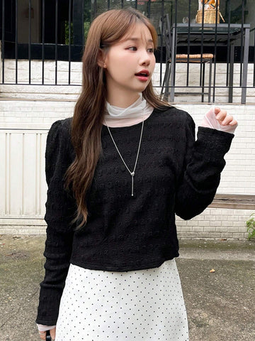 DAZY Women's Solid Color Textured Long Sleeve Round Neck Puff Sleeve Blouse