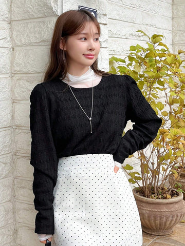 DAZY Women's Solid Color Textured Long Sleeve Round Neck Puff Sleeve Blouse