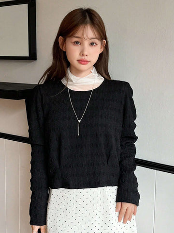 DAZY Women's Solid Color Textured Long Sleeve Round Neck Puff Sleeve Blouse