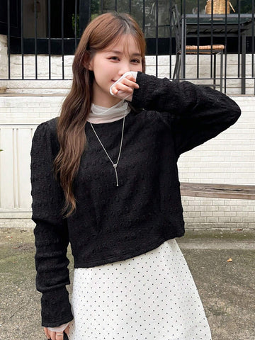 DAZY Women's Solid Color Textured Long Sleeve Round Neck Puff Sleeve Blouse