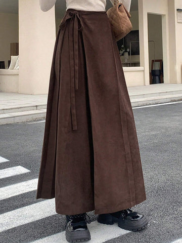 DAZY Women's Solid Color Tie Wrap Midi Skirt