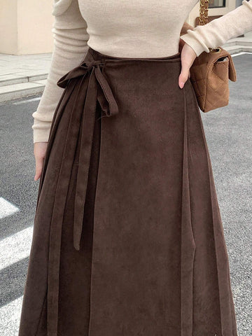 DAZY Women's Solid Color Tie Wrap Midi Skirt