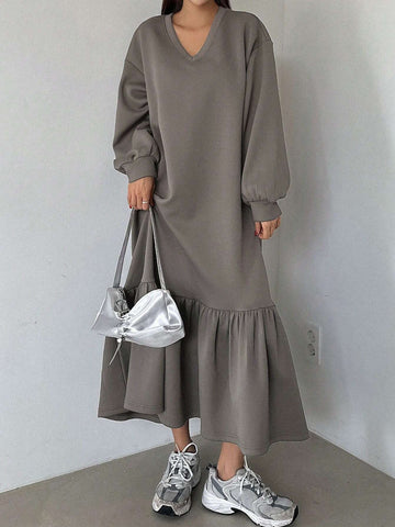 DAZY Women's Solid Color V-Neck Oversized Sweatshirt Dress