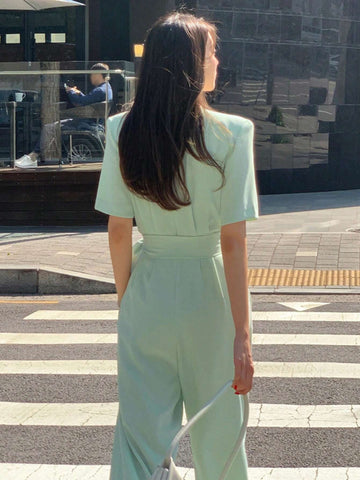 DAZY Women's Solid Color V-Neckline Belted Long Casual Jumpsuit