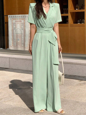 DAZY Women's Solid Color V-Neckline Belted Long Casual Jumpsuit