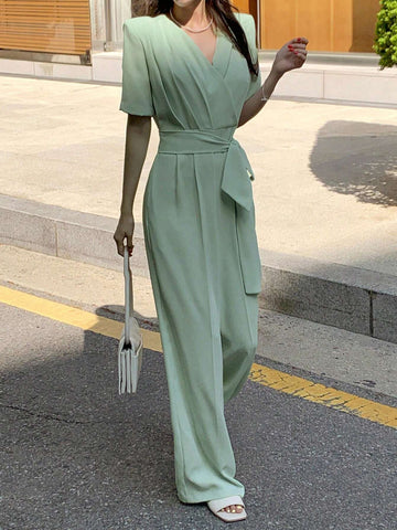 DAZY Women's Solid Color V-Neckline Belted Long Casual Jumpsuit