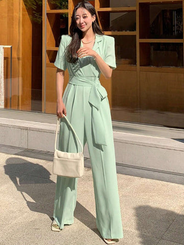DAZY Women's Solid Color V-Neckline Belted Long Casual Jumpsuit