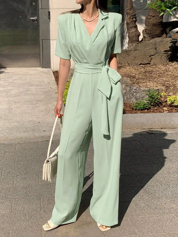 DAZY Women's Solid Color V-Neckline Belted Long Casual Jumpsuit