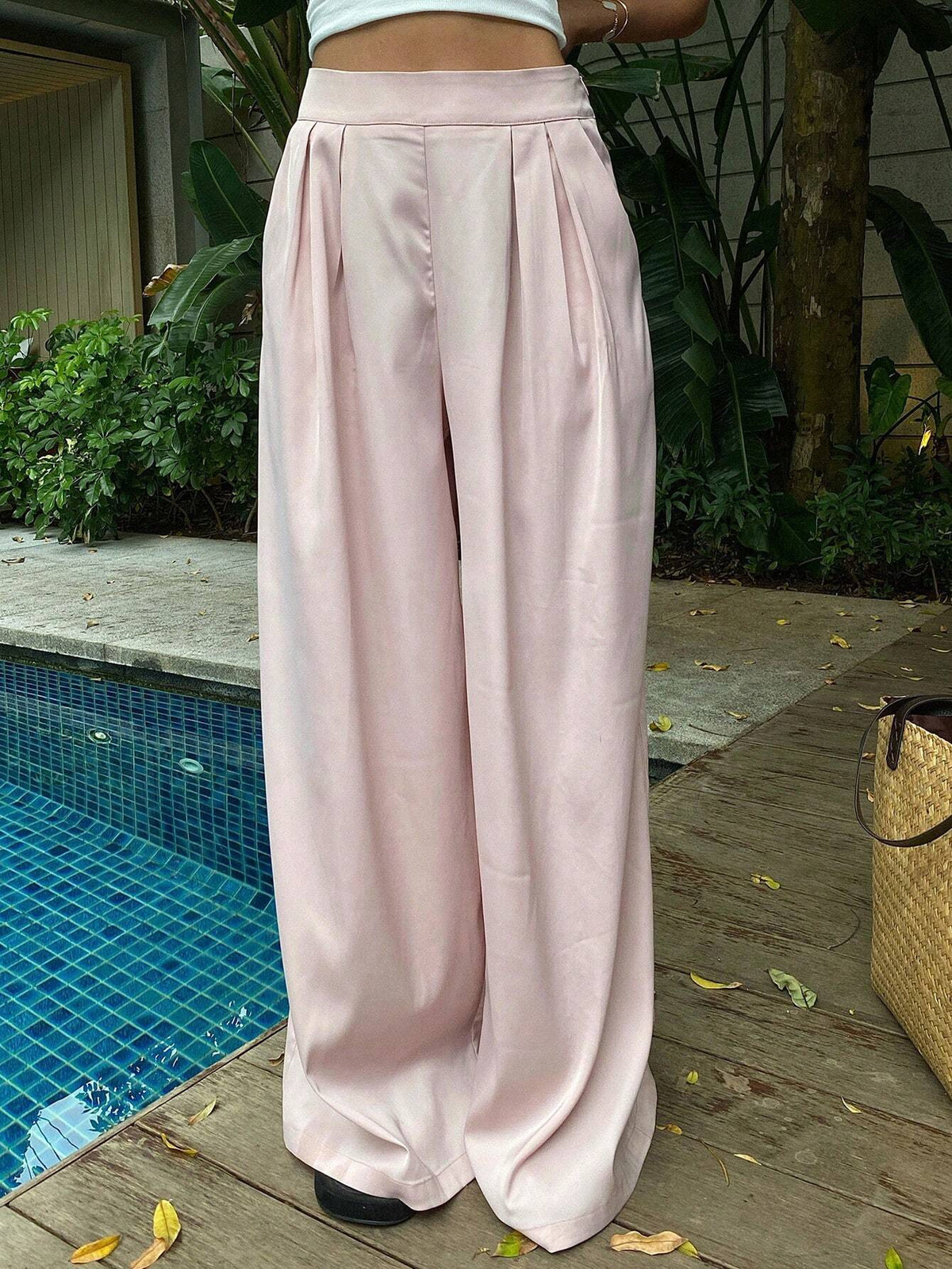 DAZY Women's Solid Color Wide Leg Casual Pants With Elastic Waist, Summer