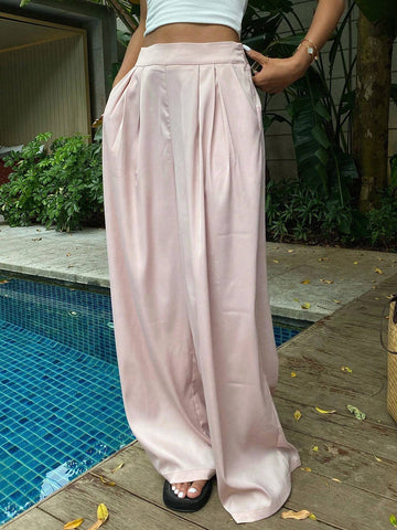 DAZY Women's Solid Color Wide Leg Casual Pants With Elastic Waist, Summer