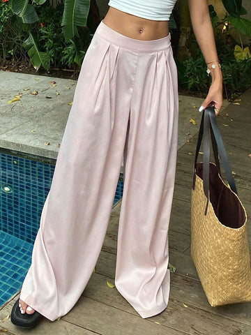 DAZY Women's Solid Color Wide Leg Casual Pants With Elastic Waist, Summer