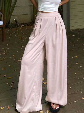 DAZY Women's Solid Color Wide Leg Casual Pants With Elastic Waist, Summer