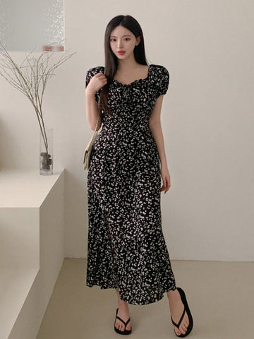 DAZY Women's Split Front Bubble Sleeve Floral Print Dress