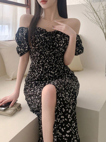 DAZY Women's Split Front Bubble Sleeve Floral Print Dress