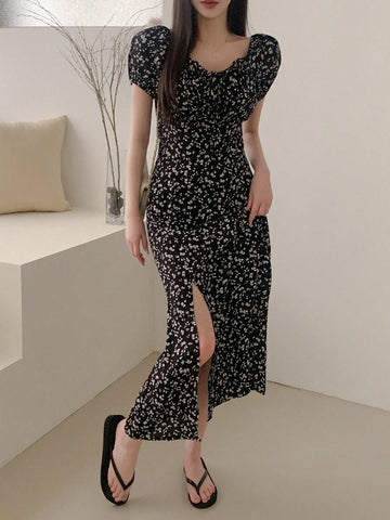 DAZY Women's Split Front Bubble Sleeve Floral Print Dress