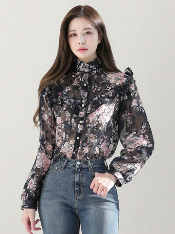 DAZY Women's Spring/Summer Elegant Flower Printed Stand Collar Lantern Sleeve Blouse