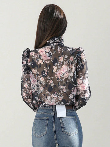 DAZY Women's Spring/Summer Elegant Flower Printed Stand Collar Lantern Sleeve Blouse