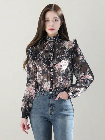 DAZY Women's Spring/Summer Elegant Flower Printed Stand Collar Lantern Sleeve Blouse