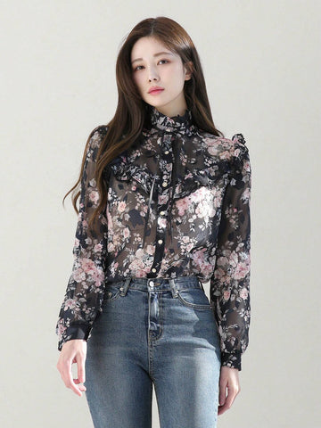 DAZY Women's Spring/Summer Elegant Flower Printed Stand Collar Lantern Sleeve Blouse