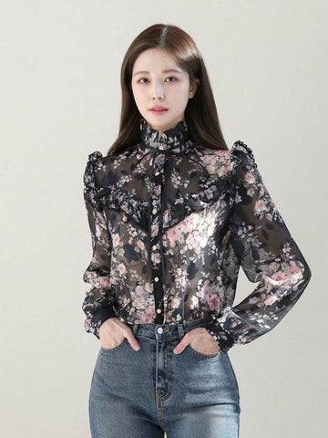 DAZY Women's Spring/Summer Elegant Flower Printed Stand Collar Lantern Sleeve Blouse