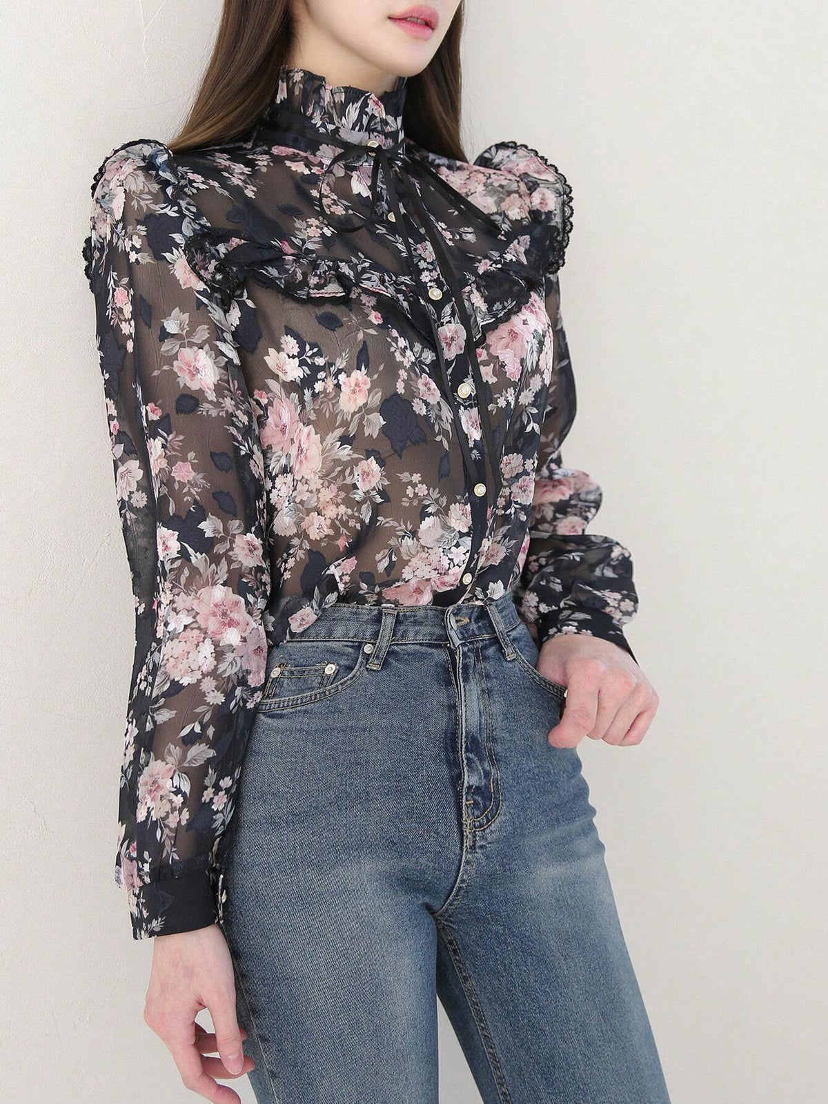 DAZY Women's Spring/Summer Elegant Flower Printed Stand Collar Lantern Sleeve Blouse