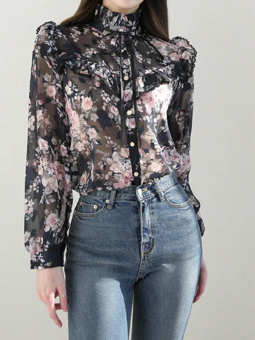 DAZY Women's Spring/Summer Elegant Flower Printed Stand Collar Lantern Sleeve Blouse