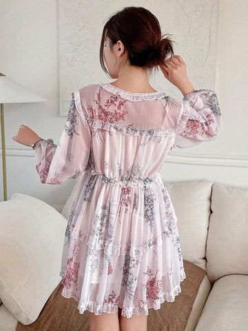 DAZY Women's Spring/Summer Floral Print Ruffle V-Neck Lantern Sleeve Short Elegant Dress