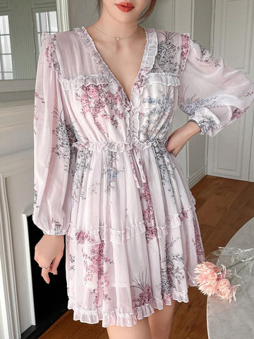 DAZY Women's Spring/Summer Floral Print Ruffle V-Neck Lantern Sleeve Short Elegant Dress