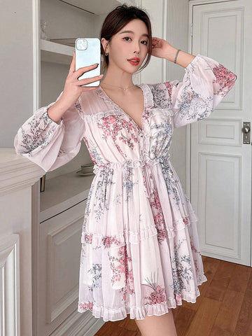 DAZY Women's Spring/Summer Floral Print Ruffle V-Neck Lantern Sleeve Short Elegant Dress
