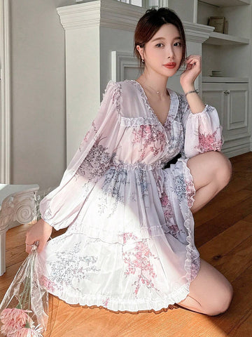 DAZY Women's Spring/Summer Floral Print Ruffle V-Neck Lantern Sleeve Short Elegant Dress