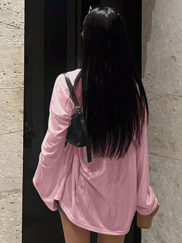 DAZY Women's Spring/Summer Loose Fit Button Half-Placket Drop Shoulder Long Sleeve Solid Color Casual T-Shirt