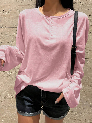 DAZY Women's Spring/Summer Loose Fit Button Half-Placket Drop Shoulder Long Sleeve Solid Color Casual T-Shirt
