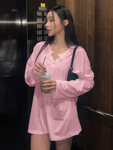 DAZY Women's Spring/Summer Loose Fit Button Half-Placket Drop Shoulder Long Sleeve Solid Color Casual T-Shirt