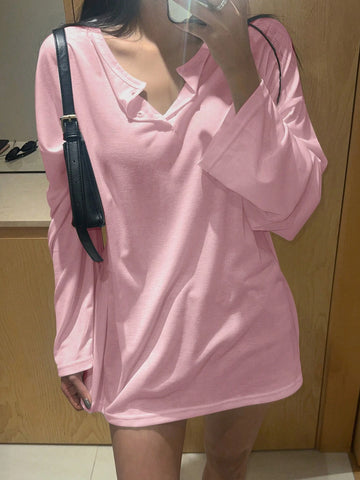 DAZY Women's Spring/Summer Loose Fit Button Half-Placket Drop Shoulder Long Sleeve Solid Color Casual T-Shirt