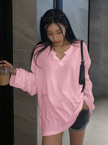 DAZY Women's Spring/Summer Loose Fit Button Half-Placket Drop Shoulder Long Sleeve Solid Color Casual T-Shirt