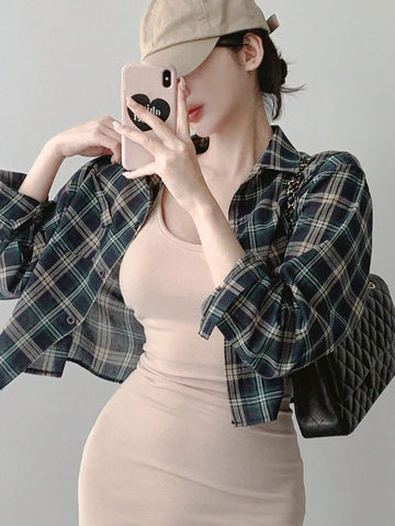 DAZY Women's Spring/Summer Plaid Printed Long Sleeve Casual Shirt, Cropped Length