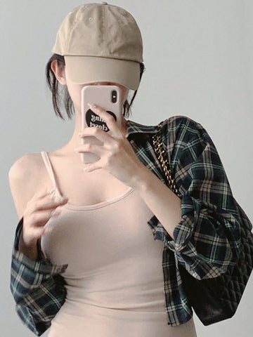DAZY Women's Spring/Summer Plaid Printed Long Sleeve Casual Shirt, Cropped Length