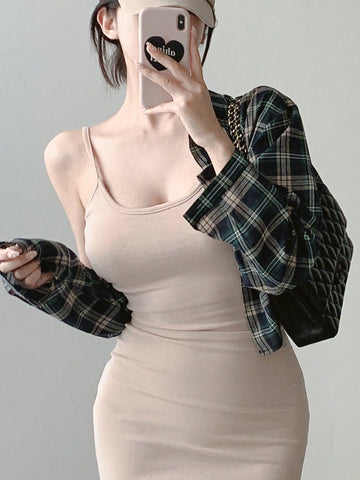 DAZY Women's Spring/Summer Plaid Printed Long Sleeve Casual Shirt, Cropped Length