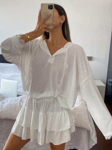 Women's Spring/Summer Solid Color Casual Drop Shoulder Long Sleeve Hooded Casual T-Shirt