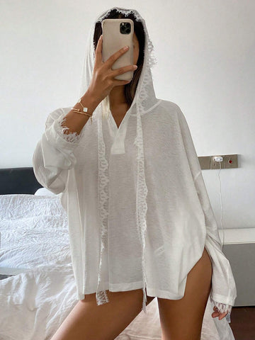 Women's Spring/Summer Solid Color Casual Drop Shoulder Long Sleeve Hooded Casual T-Shirt