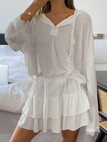 Women's Spring/Summer Solid Color Casual Drop Shoulder Long Sleeve Hooded Casual T-Shirt