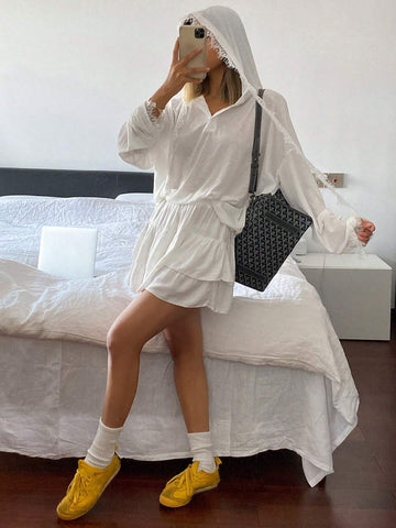 Women's Spring/Summer Solid Color Casual Drop Shoulder Long Sleeve Hooded Casual T-Shirt