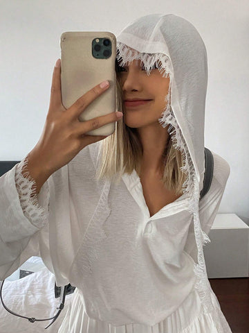 Women's Spring/Summer Solid Color Casual Drop Shoulder Long Sleeve Hooded Casual T-Shirt