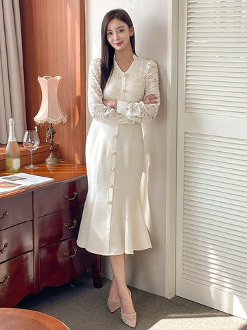 DAZY Women's Spring Autumn Contrast Lace V-Neck Long Sleeve Mermaid Hem Elegant Dress