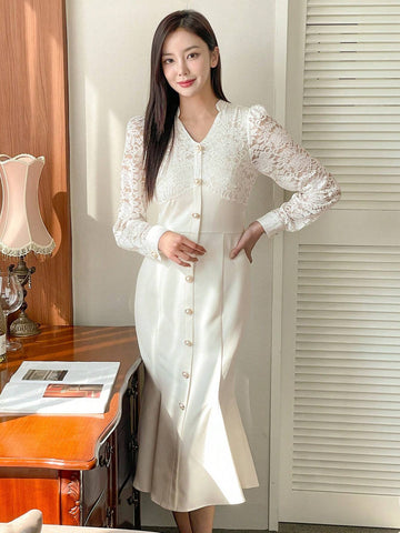 DAZY Women's Spring Autumn Contrast Lace V-Neck Long Sleeve Mermaid Hem Elegant Dress